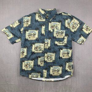 Vintage KT Golf Mens Shirt Large Blue Hawaiian Button Up All Over Print Floral